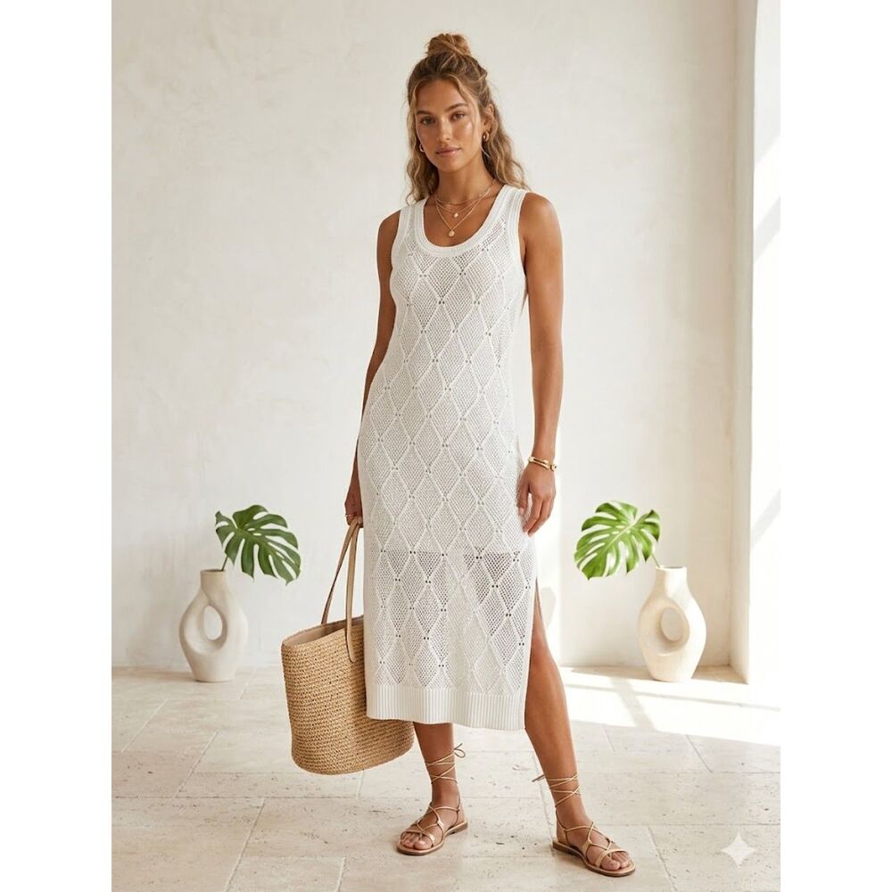Design 365 Cotton Crocheted Diamond Midi Dress Swim Cover Up  Removable Lining L